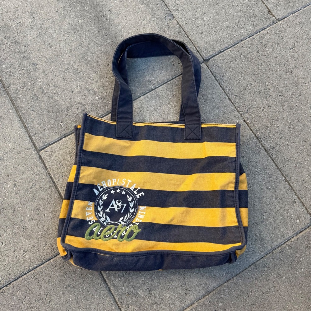 Aeropostale Canvas Tote Bag Yellow Navy Blue Striped A87 Graphic Cotton